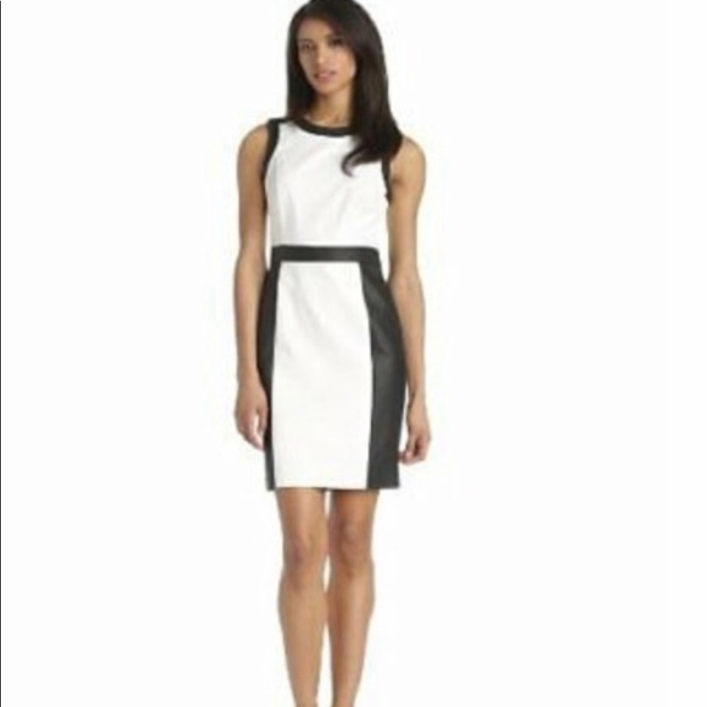 Faux leather white and black color block dress